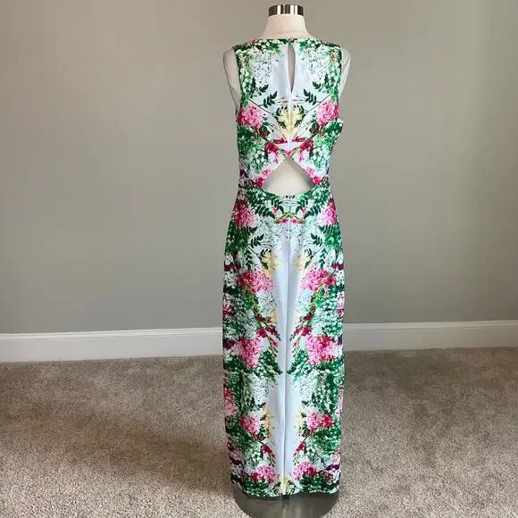 GUESS Floral Print Cutout Back Sleeveless Sheath Long Maxi Dress Blue Size 12 - Picture 5 of 9